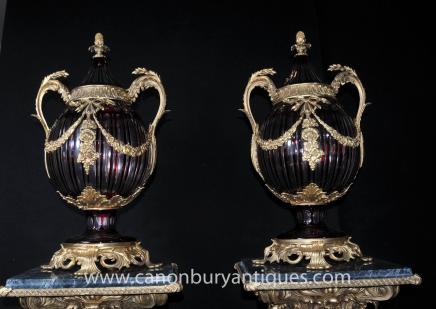 Pair French Empire Cut Glass Bulbous Urns Vases